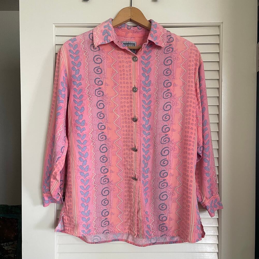 VTG 90s Sigrid Olsen Pink Abstract Print Button Down S Boho Retro Artsy Festival - Picture 2 of 13